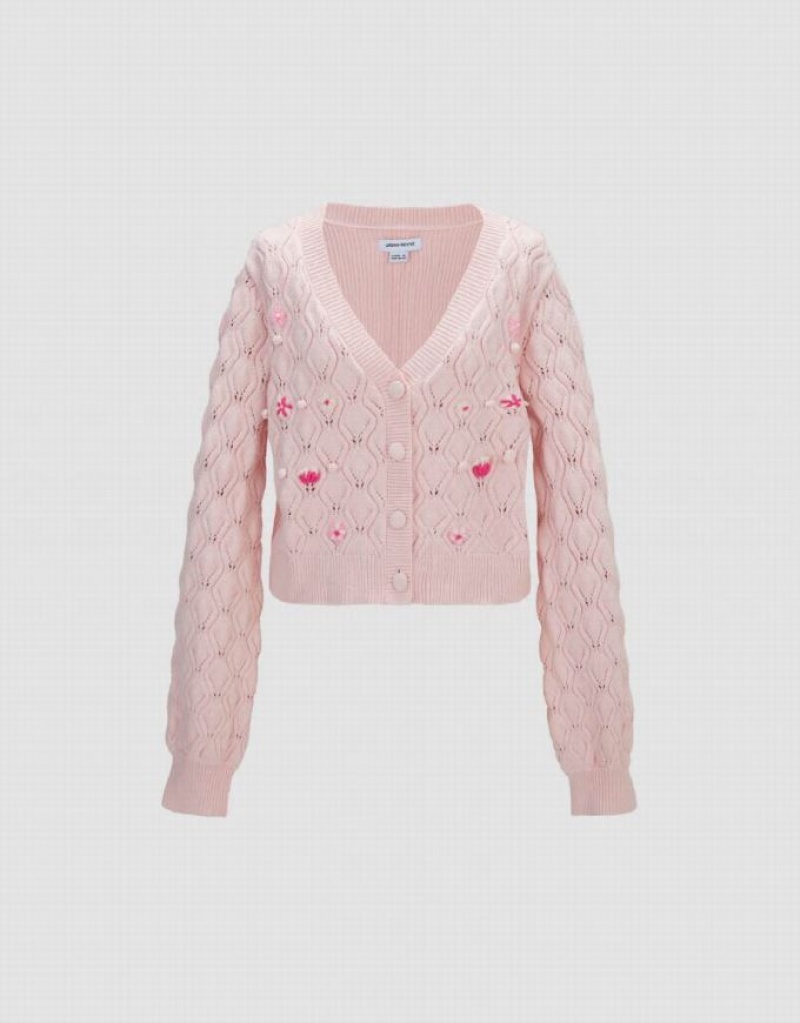 Pink Urban Revivo V-Neck Knitted Women's Cardigan | 53726ZTRP