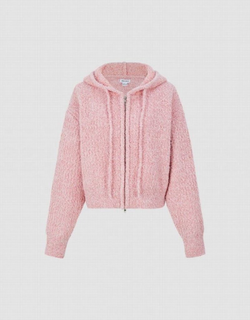 Pink Urban Revivo Zipper Front Hooded Knitted Women's Cardigan | 70485OXDE