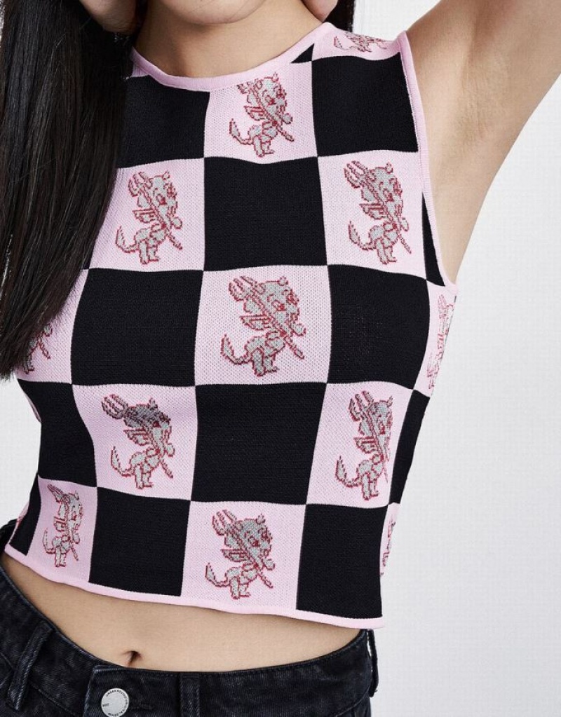 Pink / Black Urban Revivo Hot Stuff Checkered Knitted Women's Tank Top | 83702SAKE