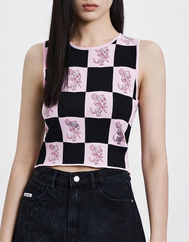 Pink / Black Urban Revivo Hot Stuff Checkered Knitted Women's Tank Top | 83702SAKE