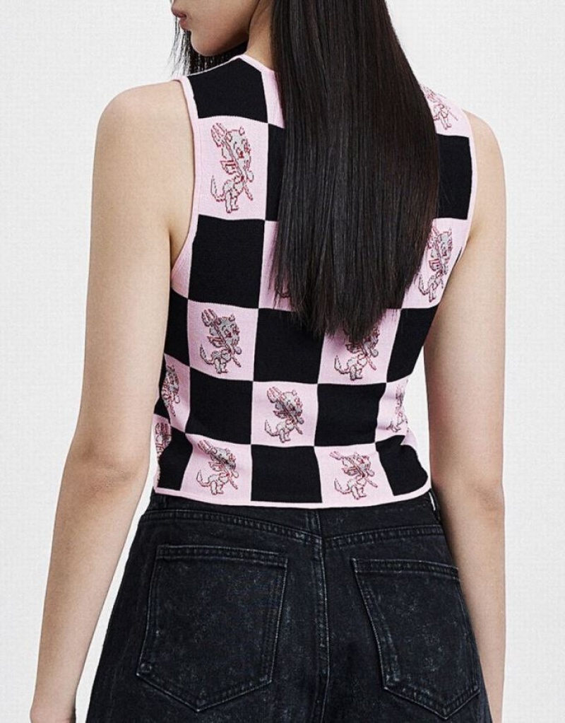 Pink / Black Urban Revivo Hot Stuff Checkered Knitted Women's Tank Top | 83702SAKE