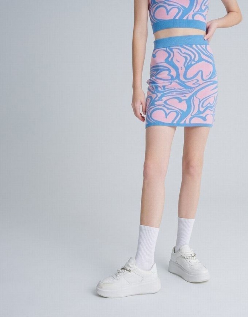 Pink / Blue Urban Revivo Heart Jacquard Knitted Women's Skirts | 46093SBMR