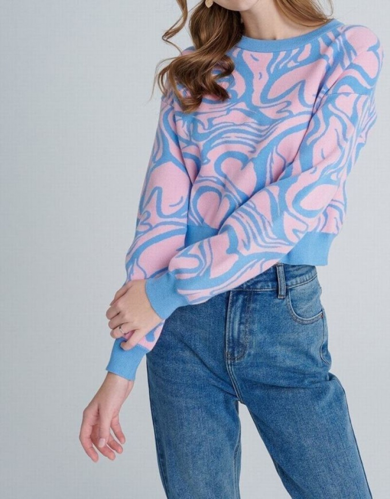 Pink / Blue Urban Revivo Heart Pattern Jacquard Women's Sweaters | 71289EACQ