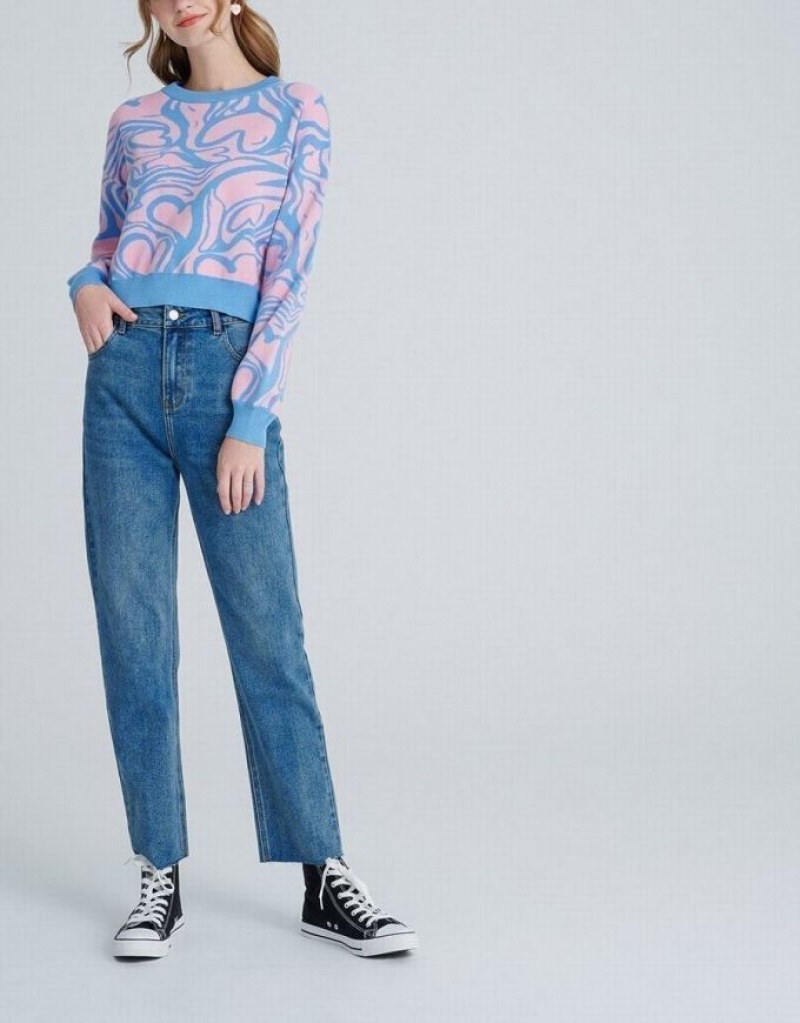 Pink / Blue Urban Revivo Heart Pattern Jacquard Women's Sweaters | 71289EACQ