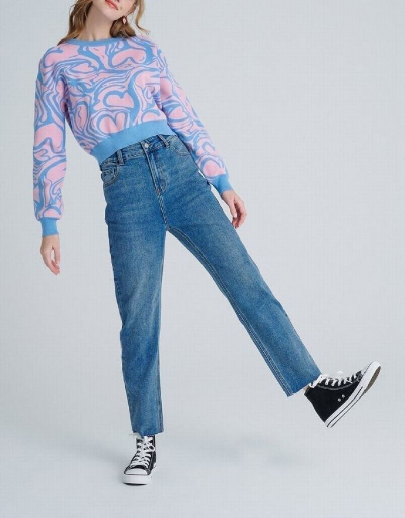 Pink / Blue Urban Revivo Heart Pattern Jacquard Women's Sweaters | 71289EACQ