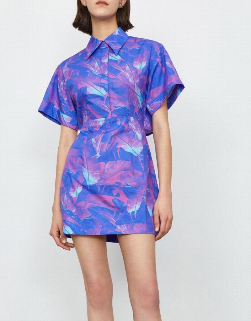 Purple Urban Revivo Abstract Print Drop Shoulder Sleeve Style Mini Women's Shirt Dress | 91578RBIW