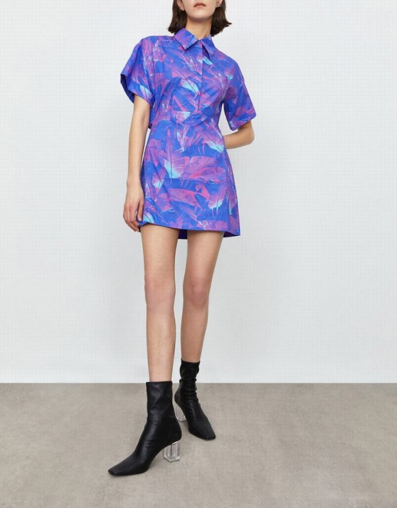 Purple Urban Revivo Abstract Print Drop Shoulder Sleeve Style Mini Women's Shirt Dress | 91578RBIW