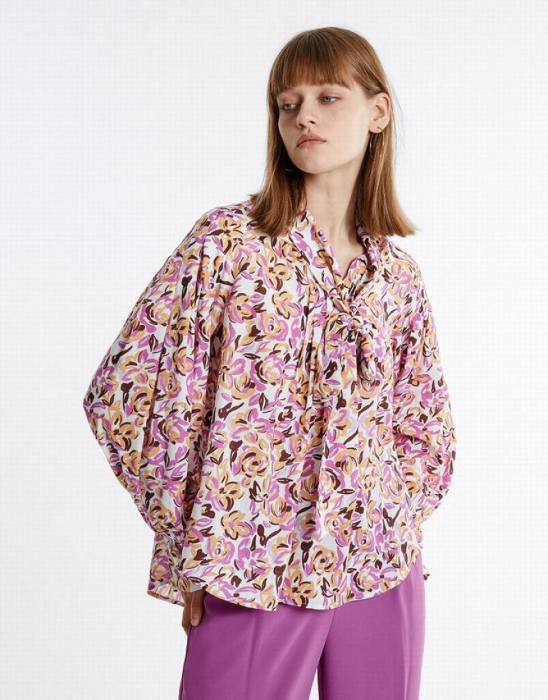 Purple Urban Revivo Bow Detail Floral Women's Blouse | 27894SOUE