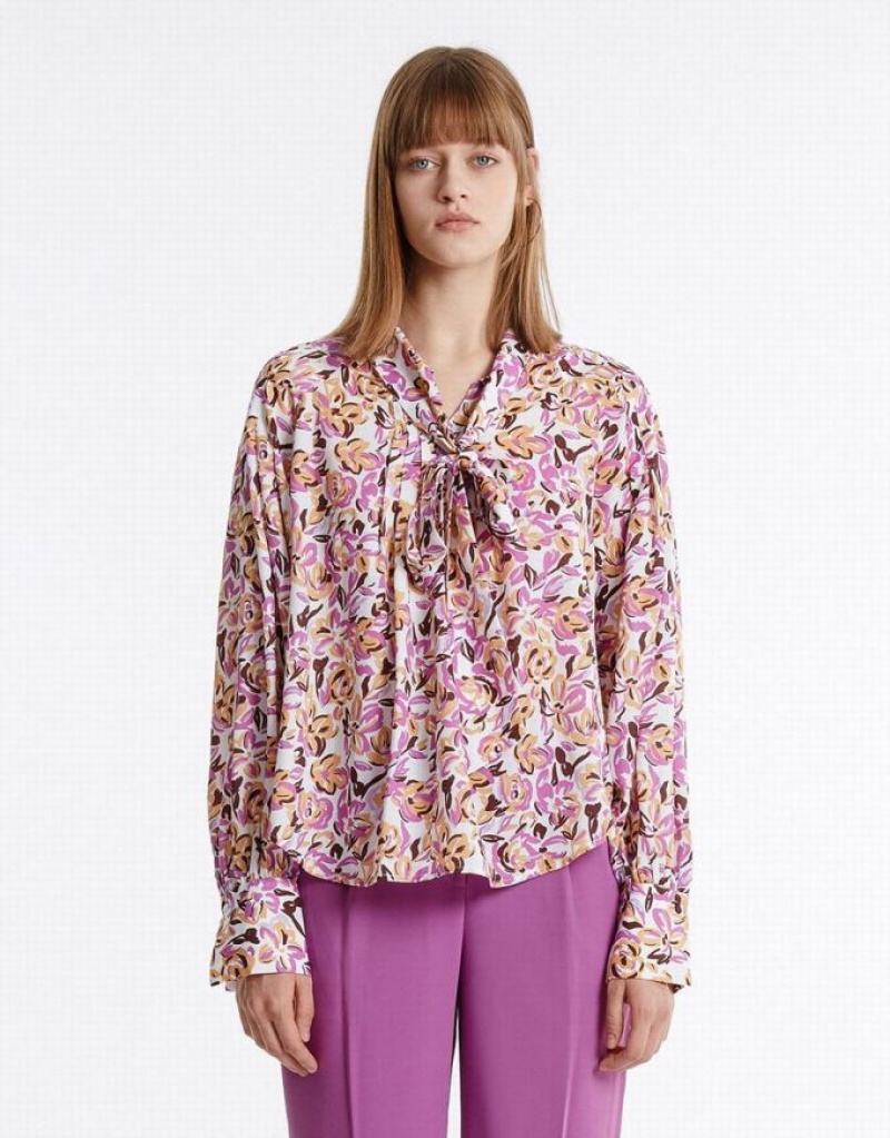 Purple Urban Revivo Bow Detail Floral Women's Blouse | 27894SOUE