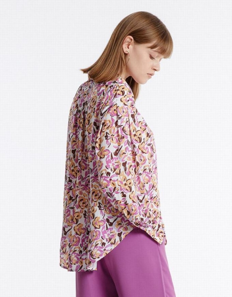 Purple Urban Revivo Bow Detail Floral Women's Blouse | 27894SOUE