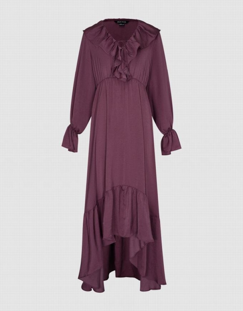 Purple Urban Revivo Butterfly Sleeve Ruffle Lapel A-Line Women's Dress | 25194GXPI