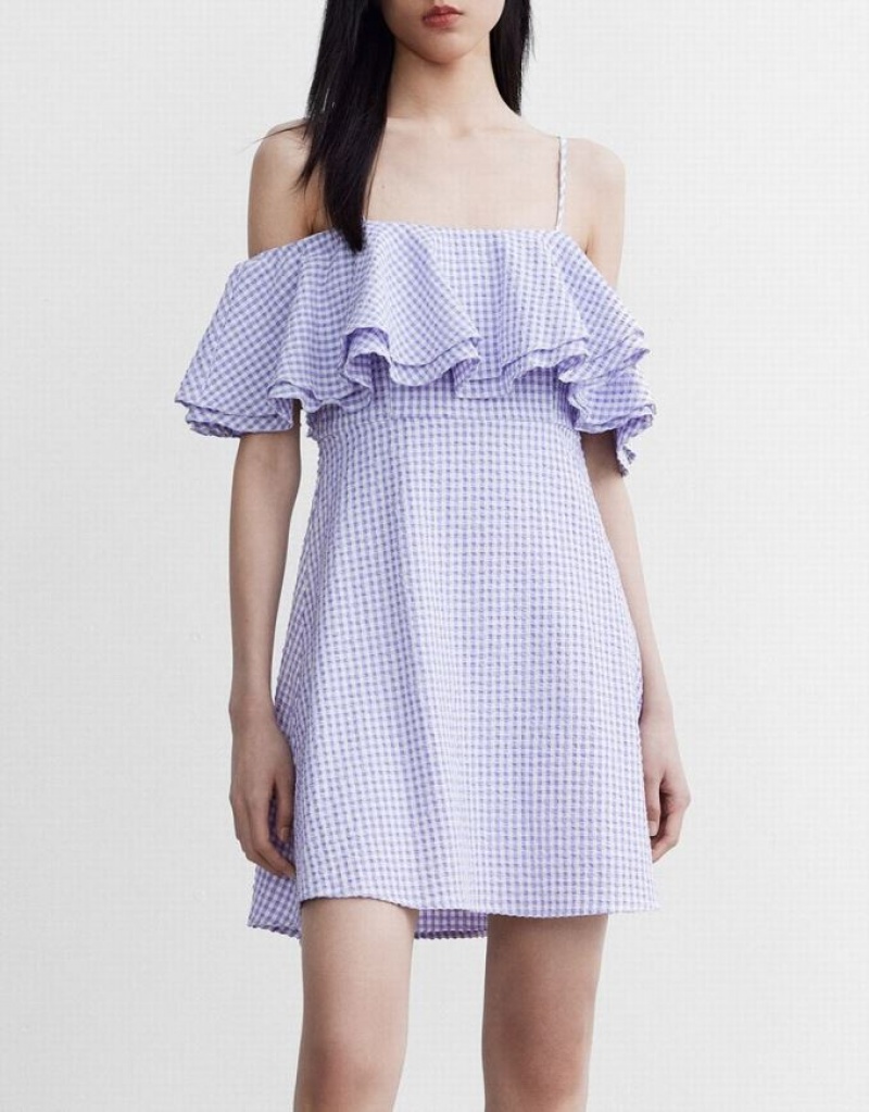 Purple Urban Revivo Checkered Ruffle Cami Women's Dress | 24879WXIN