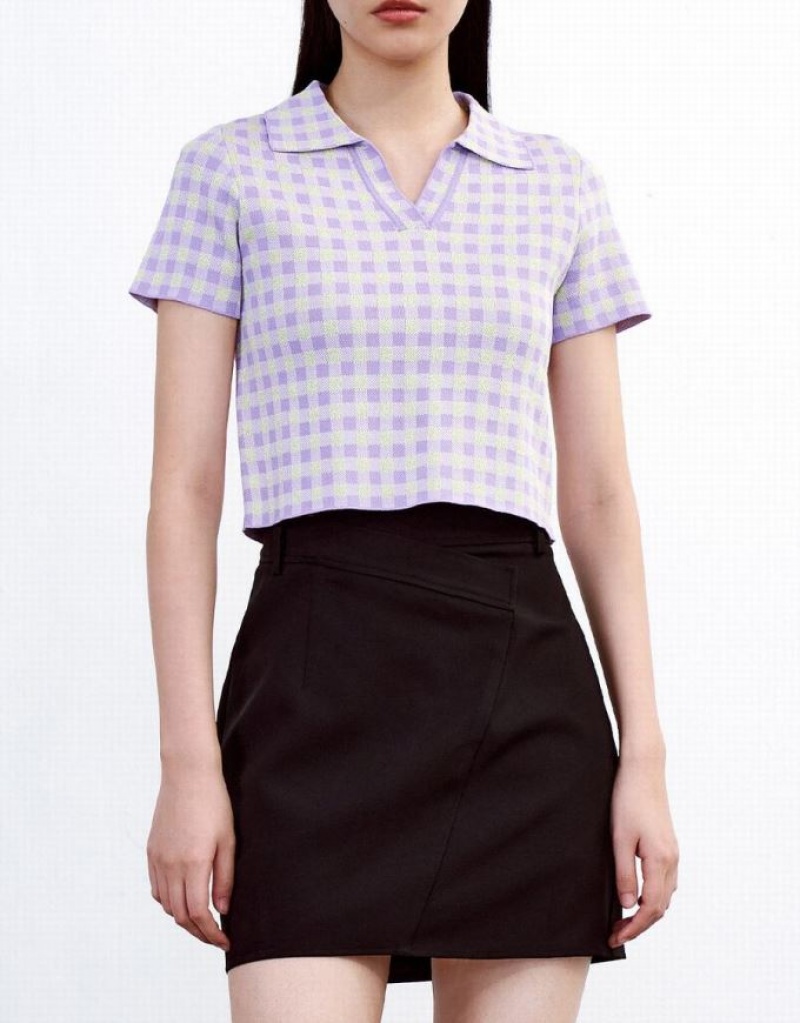 Purple Urban Revivo Checkered Short Sleeve Knitted Top Women's Cardigan | 07215FZHX