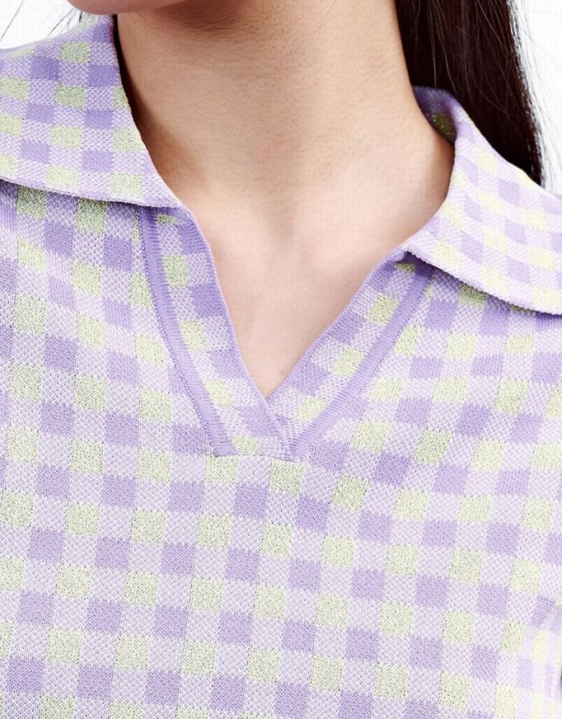 Purple Urban Revivo Checkered Short Sleeve Knitted Top Women's Cardigan | 07215FZHX