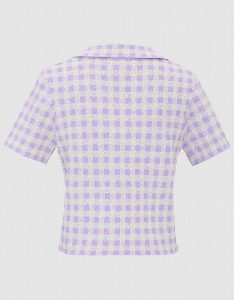 Purple Urban Revivo Checkered Short Sleeve Knitted Top Women's Cardigan | 07215FZHX