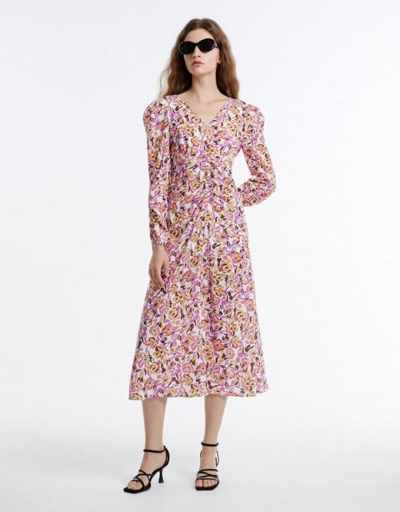 Purple Urban Revivo Floral Chiffon Women's Casual Dress | 35792WTPQ