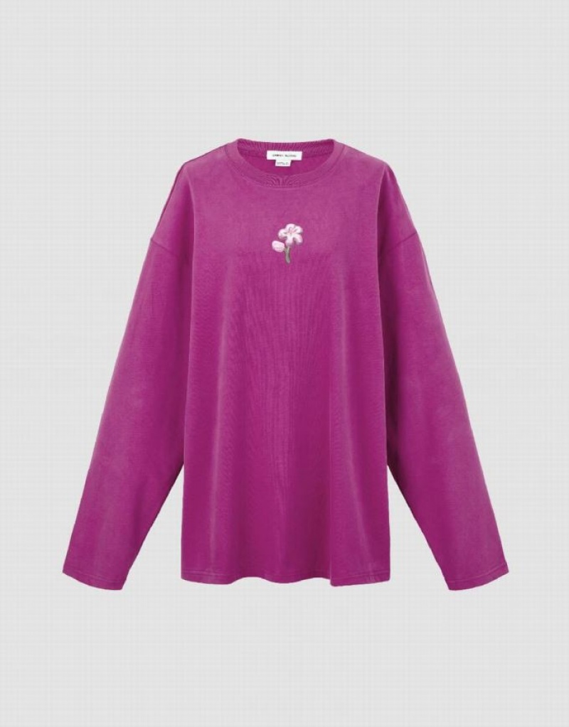 Purple Urban Revivo Flower Embossed Crew Neck Loose Women's T-Shirts | 19827JNIB