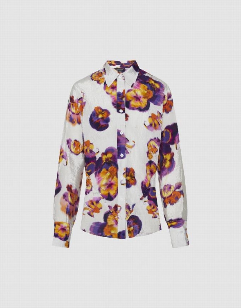 Purple Urban Revivo Flower Printed Button Up Women's Shirts | 17604XOFU