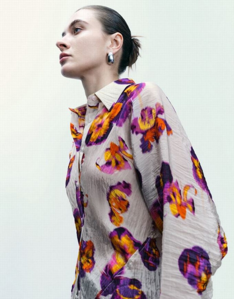 Purple Urban Revivo Flower Printed Button Up Women's Shirts | 17604XOFU