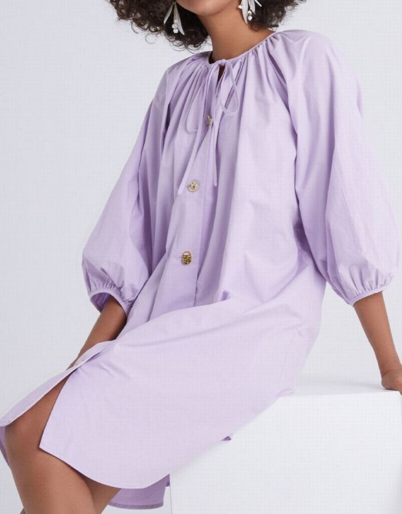 Purple Urban Revivo Knot Front Button Up Crew Neck Women's Casual Dress | 76489ZKHA