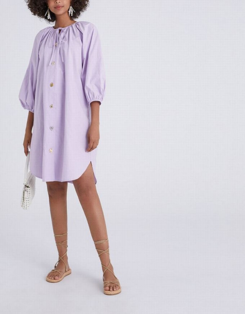 Purple Urban Revivo Knot Front Button Up Crew Neck Women's Casual Dress | 76489ZKHA