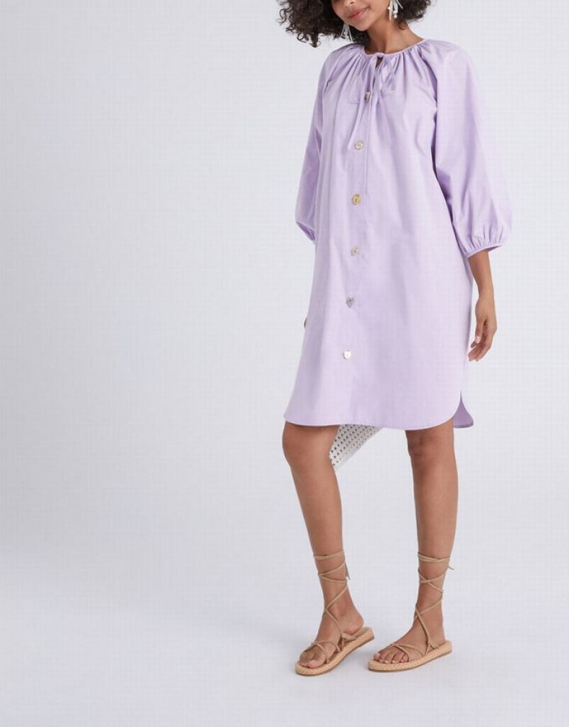 Purple Urban Revivo Knot Front Button Up Crew Neck Women's Casual Dress | 76489ZKHA