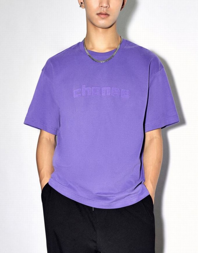 Purple Urban Revivo Letter Embossed Crew Neck Men's T-Shirts | 72065CAEX