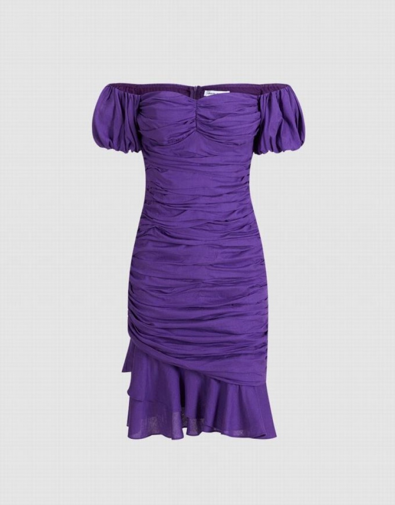 Purple Urban Revivo Off Shoulder Ruched Ruffle Hem Women's Casual Dress | 06512HKCM