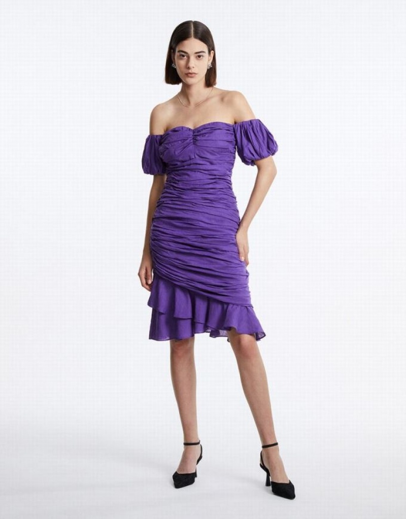 Purple Urban Revivo Off Shoulder Ruched Ruffle Hem Women's Casual Dress | 06512HKCM