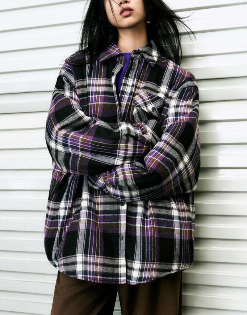 Purple Urban Revivo Plaid Straight Women's Shirts | 05428OASC