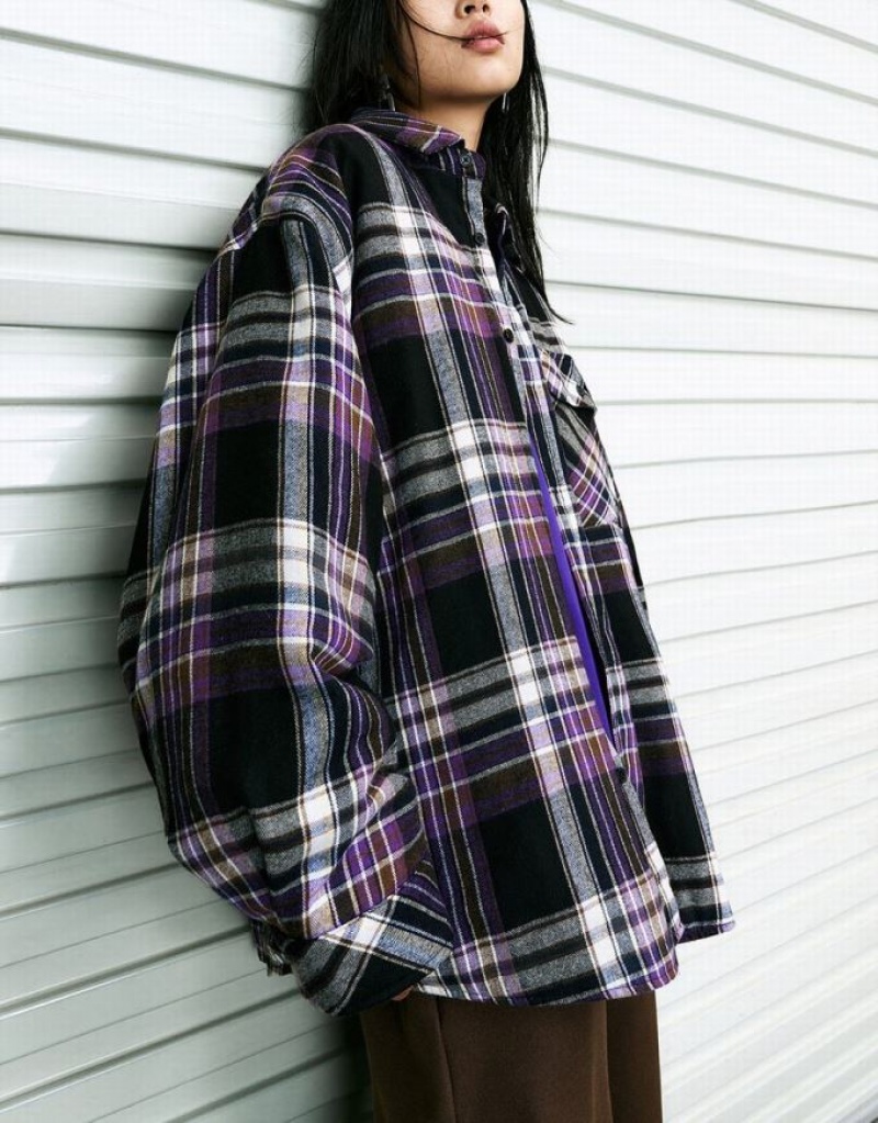 Purple Urban Revivo Plaid Straight Women's Shirts | 05428OASC