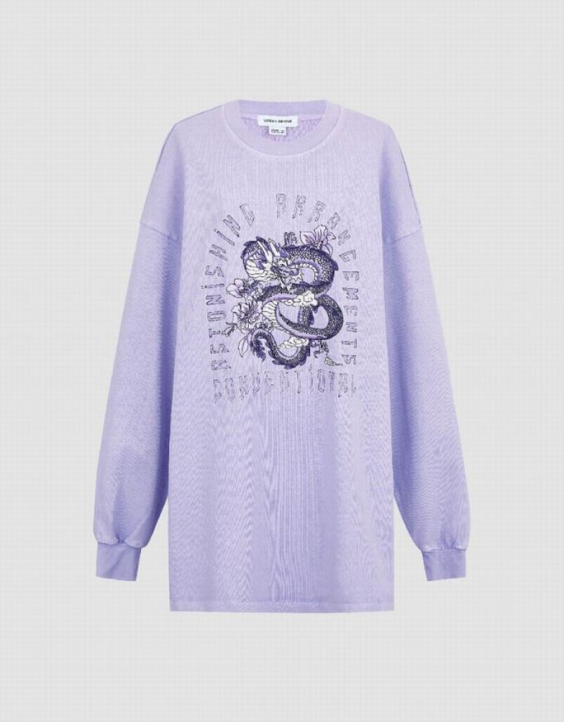 Purple Urban Revivo Printed Crew Neck Loose Women's T-Shirts | 58407DIYF