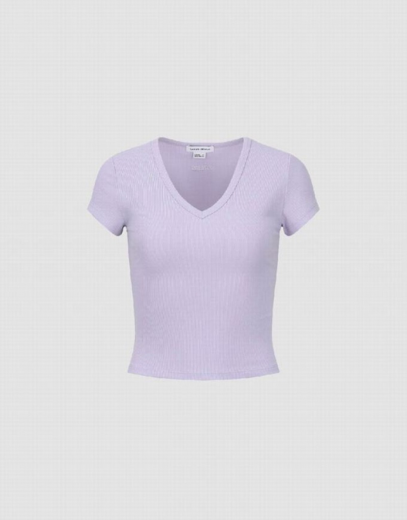 Purple Urban Revivo Skinny V-Neck Knitted Women\'s T-Shirts | 31805THYZ