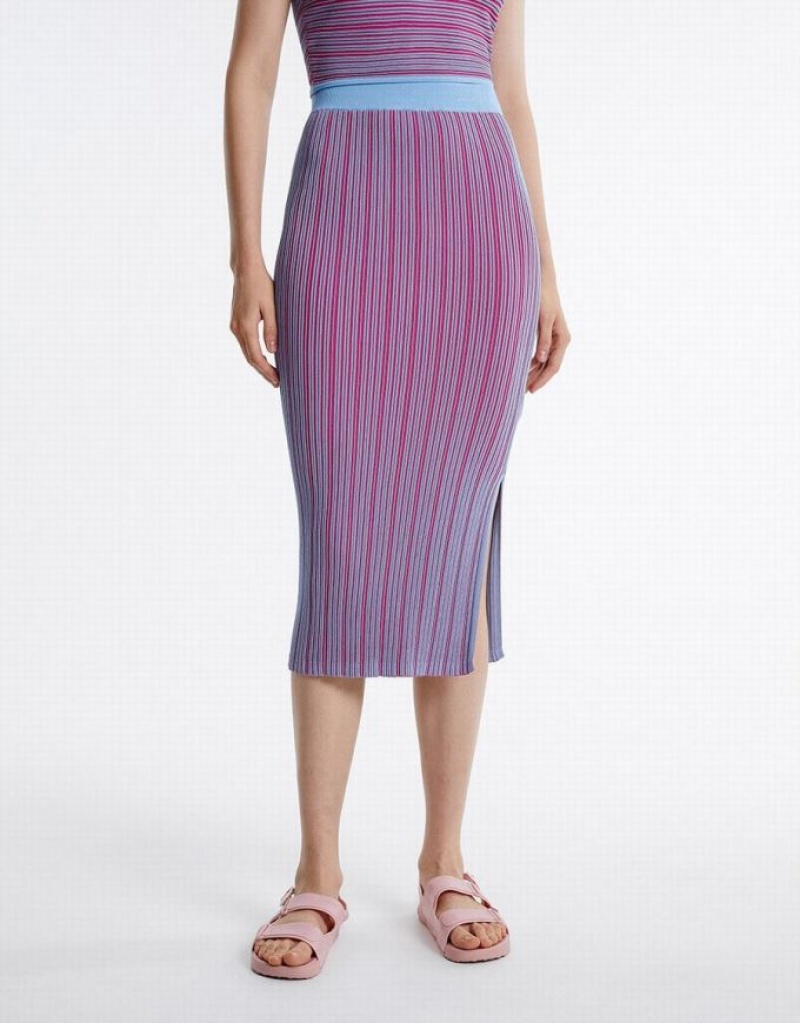 Purple Urban Revivo Striped Midi Knit Women's Skirts | 73081OCWF