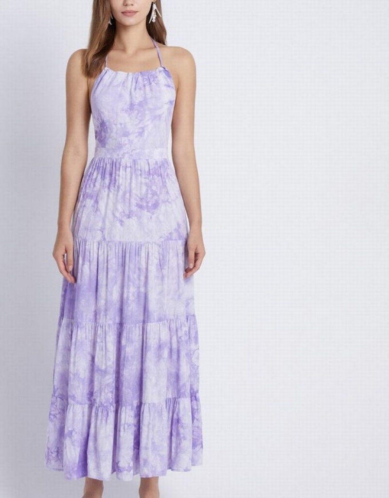 Purple Urban Revivo Tie Dye Tiered Backless Halter Women's Casual Dress | 74538DSFT