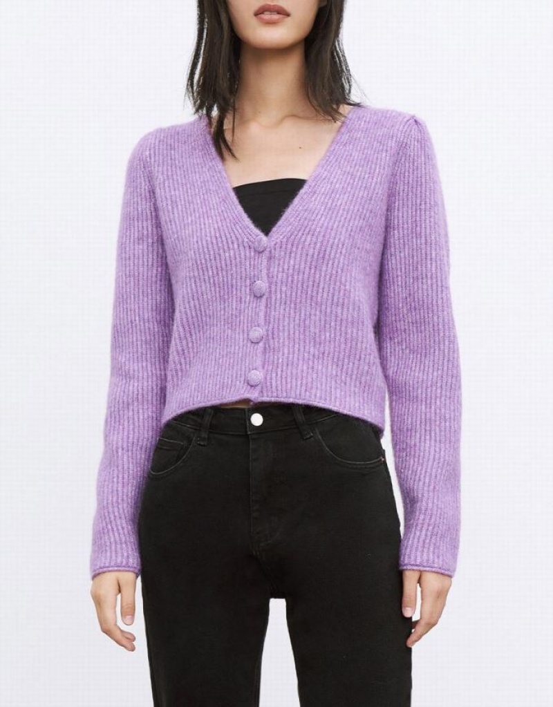 Purple Urban Revivo V Neck Rib Knit Women's Cardigan | 61923ZUVM