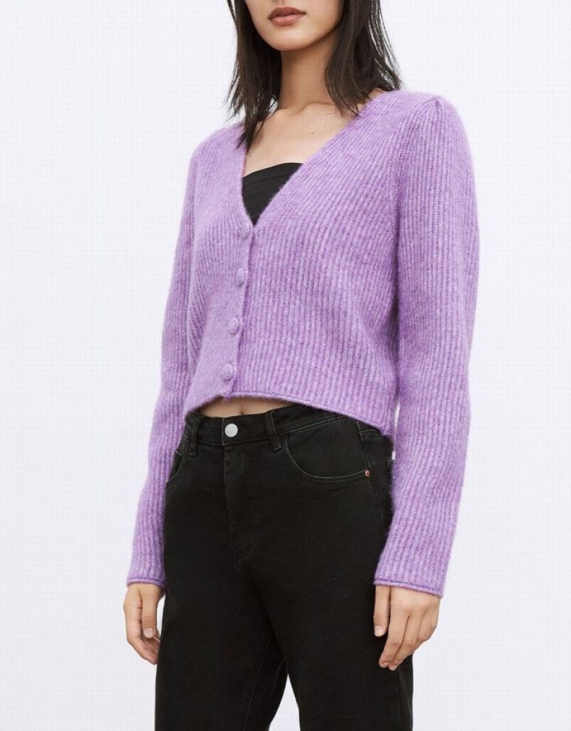 Purple Urban Revivo V Neck Rib Knit Women's Cardigan | 61923ZUVM