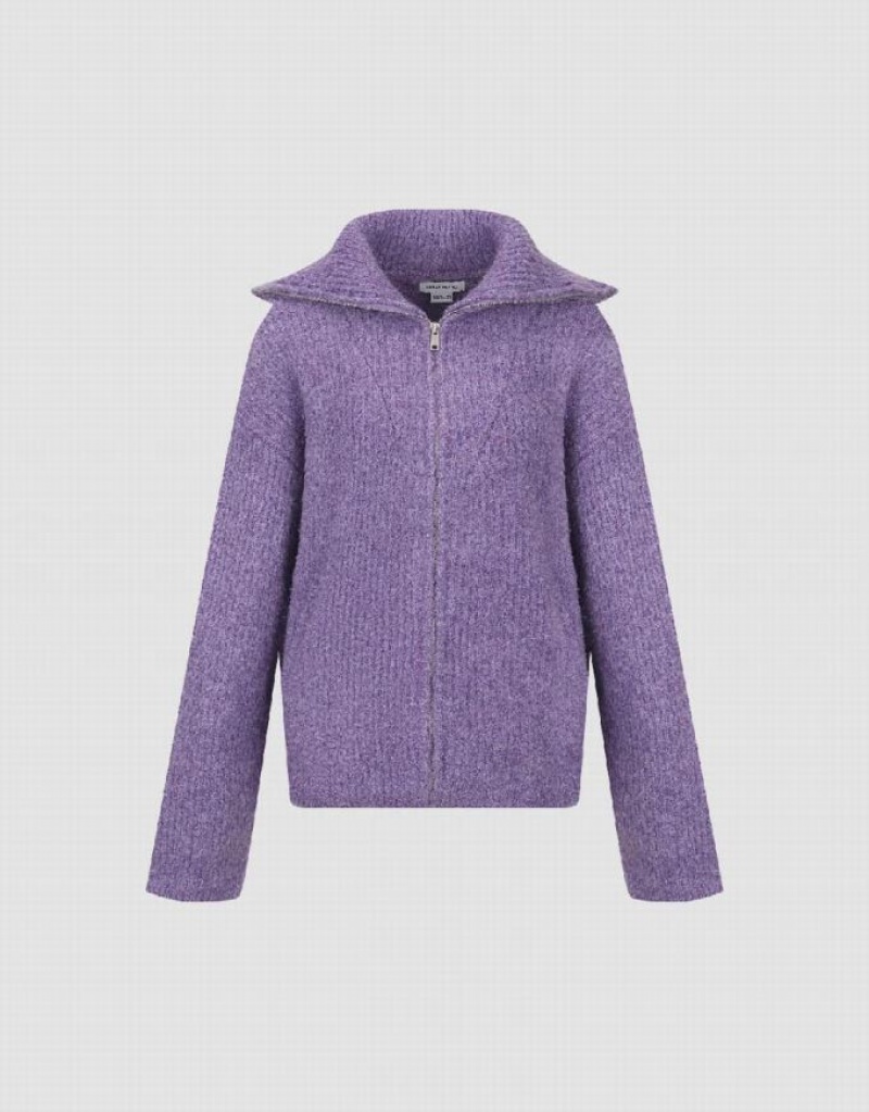 Purple Urban Revivo Zipper Front Loose Knitted Women's Cardigan | 50428DPMA