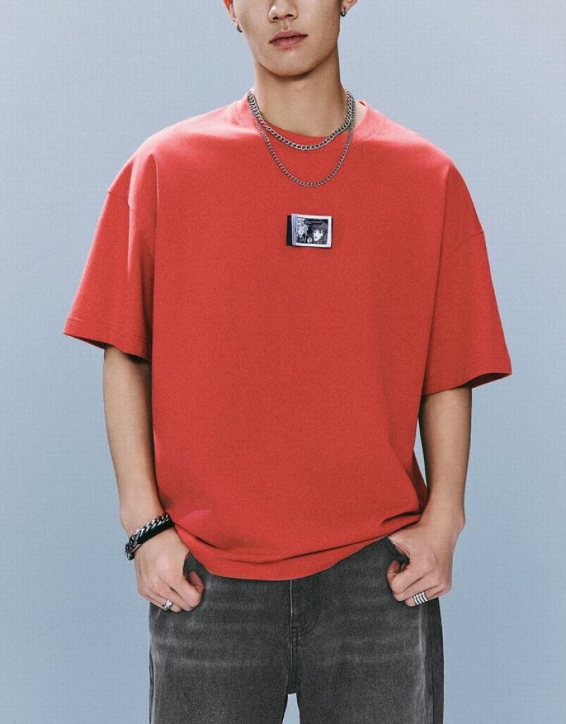 Red Urban Revivo Crew Neck Loose Men's T-Shirts | 24678KZTN