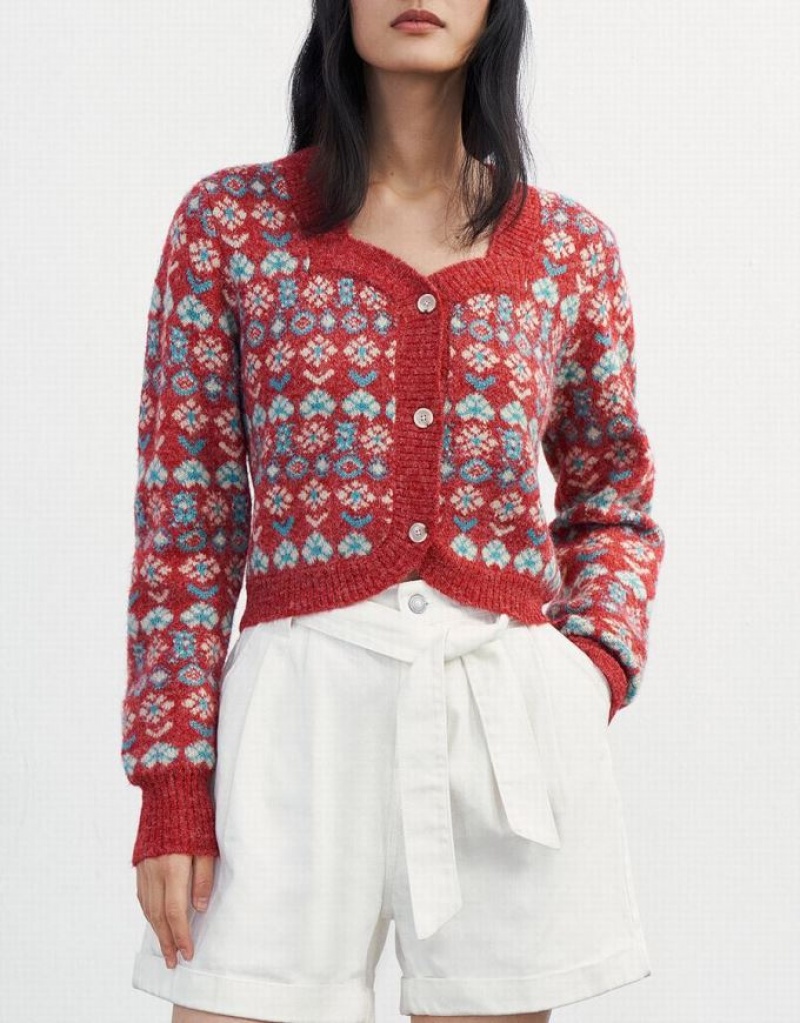 Red Urban Revivo Floral Button Up Women's Cardigan | 82694ZFQK