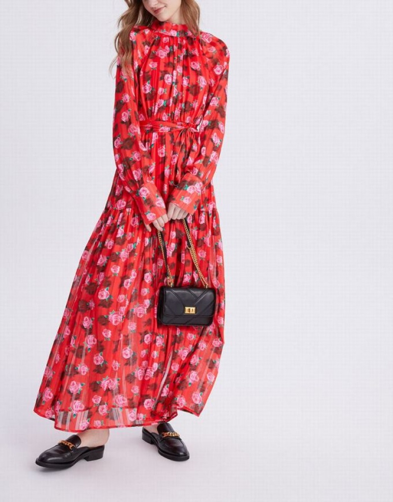 Red Urban Revivo Floral Print Belted Maxi Chiffon Women's Maxi Dress | 63918YNAZ