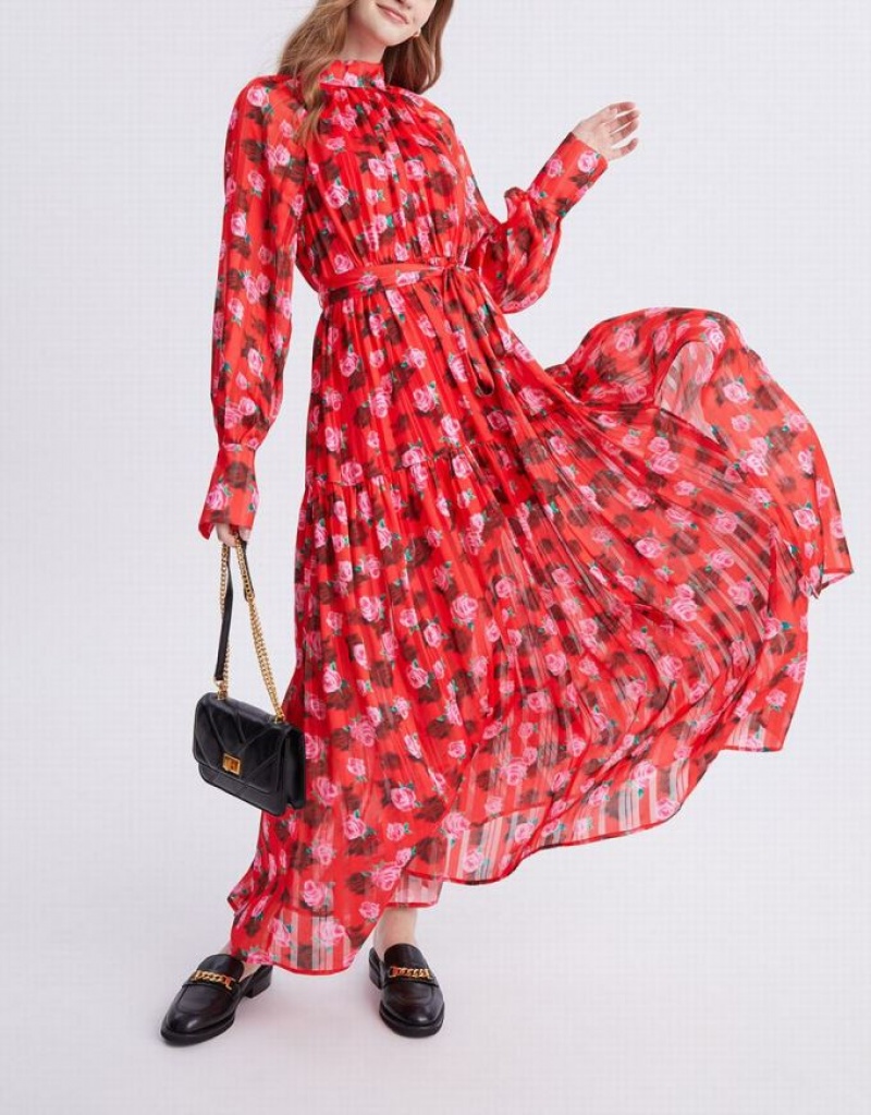 Red Urban Revivo Floral Print Belted Maxi Chiffon Women's Maxi Dress | 63918YNAZ