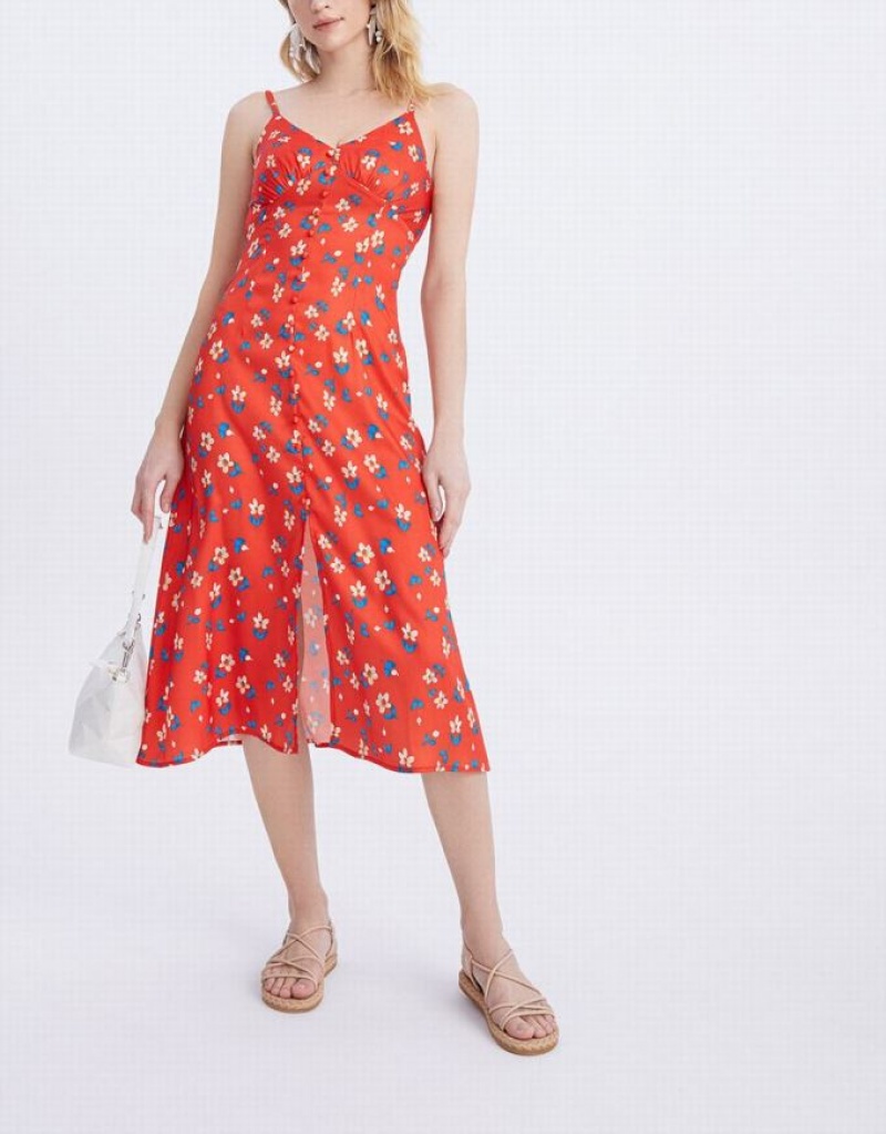 Red Urban Revivo Floral Print Cami Midi Women's Midi Dress | 50467KFWG