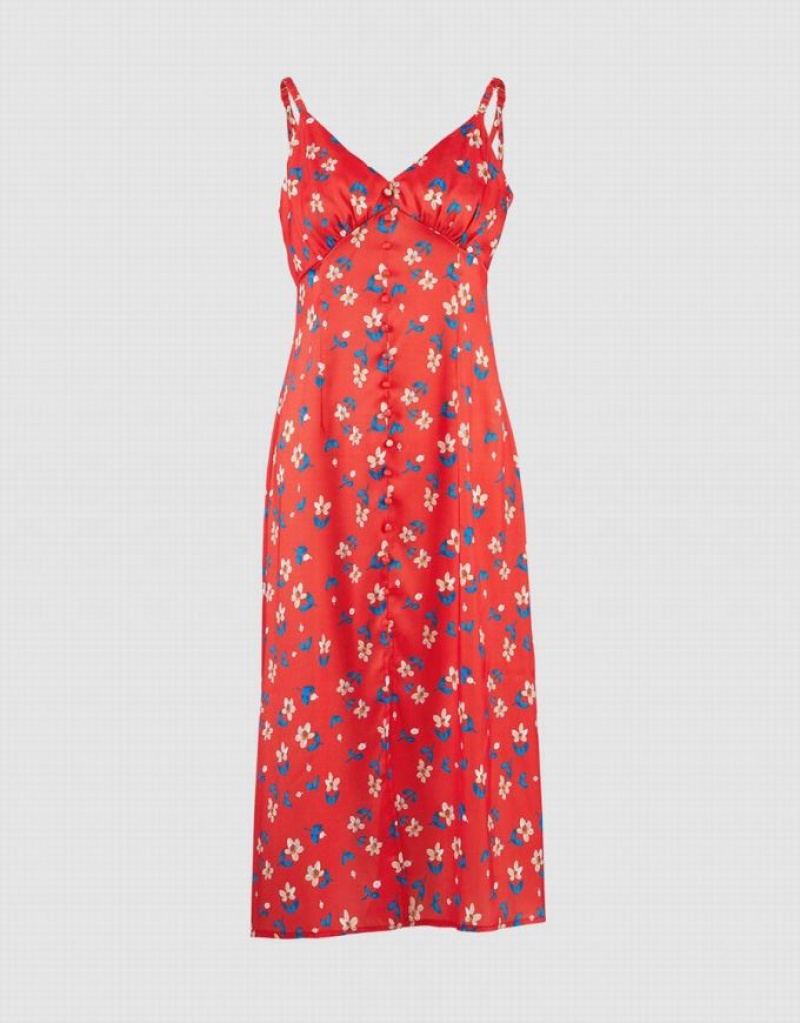 Red Urban Revivo Floral Print Cami Midi Women\'s Midi Dress | 50467KFWG