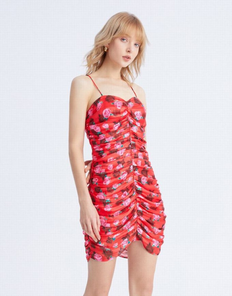 Red Urban Revivo Floral Print Ruched Chiffon Cami Women's Dress | 43581NCVR