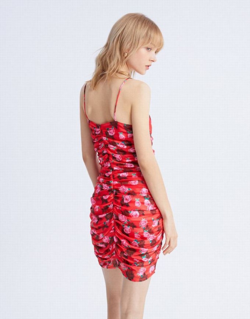 Red Urban Revivo Floral Print Ruched Chiffon Cami Women's Dress | 43581NCVR