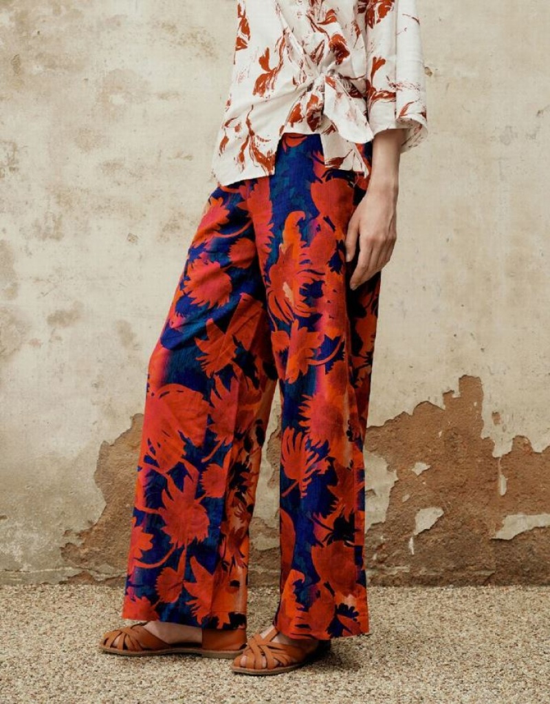 Red Urban Revivo Floral Printed Wide-Leg Women's Pants | 84195FCKJ