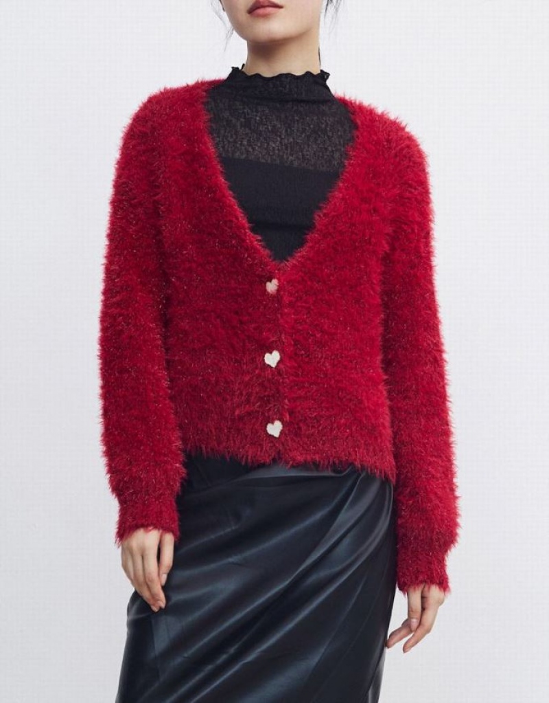 Red Urban Revivo Heart Button Fluffy Women's Cardigan | 01625DTIX