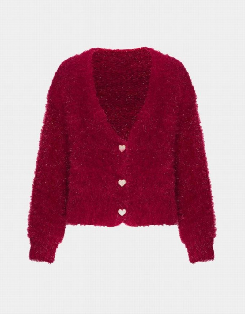 Red Urban Revivo Heart Button Fluffy Women\'s Cardigan | 01625DTIX