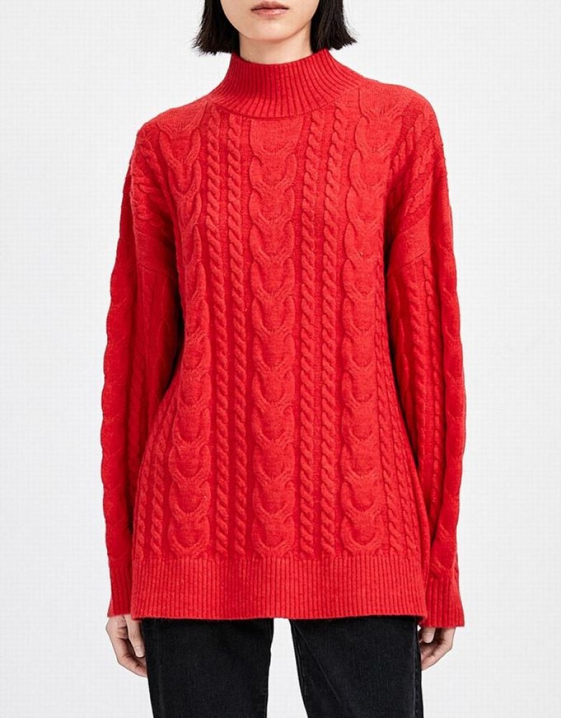 Red Urban Revivo High Neck Cable Knit Holiday Women's Sweaters | 18423PLYX